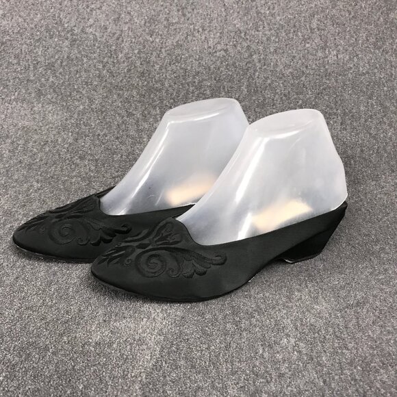 Women's Victoria's Secret Black Satin Embroidered Mules Kitten Heels Wedges 5/6 - Picture 1 of 7